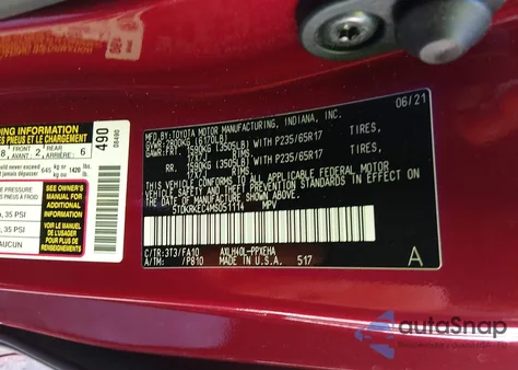 2021 Toyota Sienna Le z USA, uszkodzony, nr VIN 5TDKRKEC4MS051114